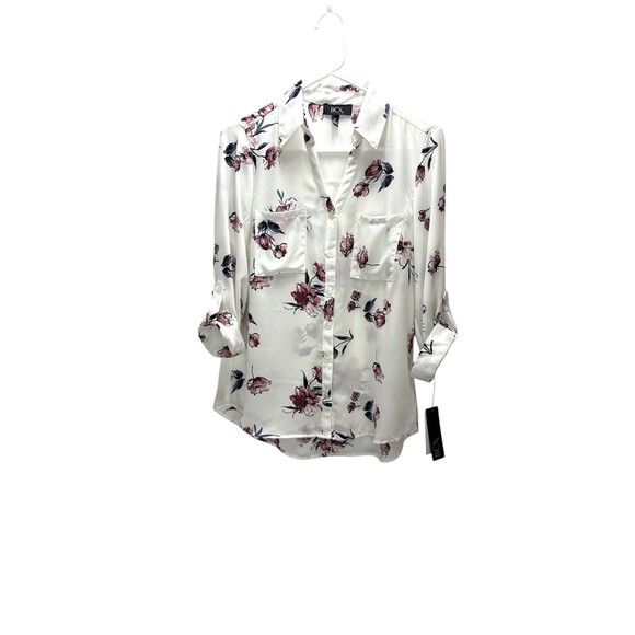 New BCX Floral Button-Down Blouse With Roll-Up Sleeves Medium White Pink Sheer - Picture 11 of 11